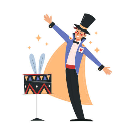 Smiling male magician in colorful costume working in circusのイラスト素材