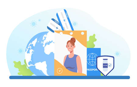 Young female airplane passenger with passport and ticketsのイラスト素材