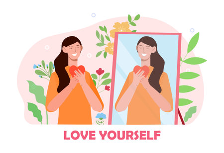 Smiling female character is looking at herself in the mirrorのイラスト素材