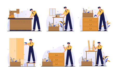 Set guide of furniture assembly with worker on white backgroundのイラスト素材