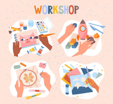 Kids painting, stitching, sculptingのイラスト素材