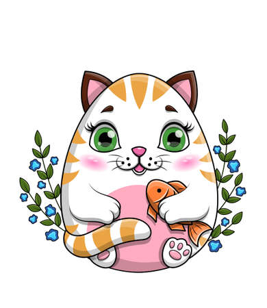 Little cartoon cat or kitty clutching a fishのイラスト素材