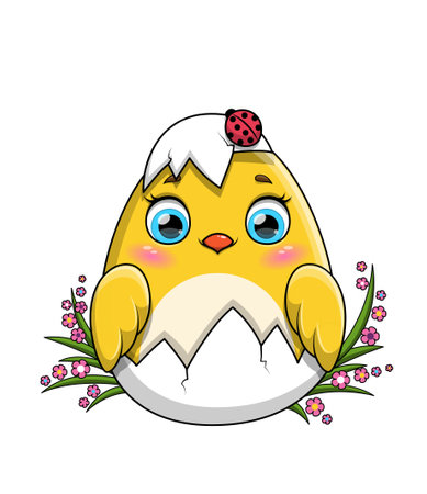 Cute little yellow Easter chicken hatching from an eggのイラスト素材