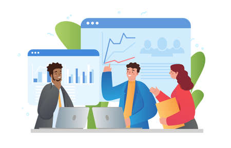 Male and female characters are analysing business infograhics together