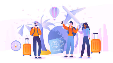 Male and female characters are travelling together in a small groupのイラスト素材