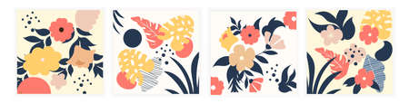 Set of cute contemporary floral and polka dot shapes seamless patterns on white background