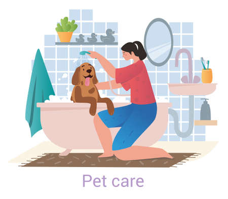 Pet Care concept with woman washing a large dog in a bathのイラスト素材