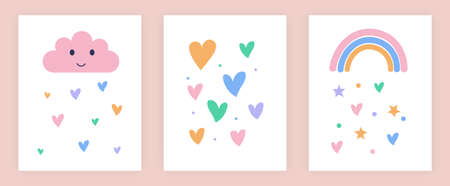 Set of cute illustrations for kids with rainbow, stars and hearts