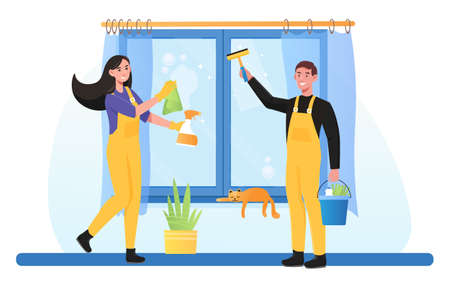 Family doing housework together. Spring cleaningのイラスト素材