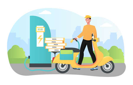 Eco transport charging get ready to deliver pizzaのイラスト素材