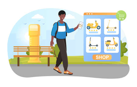 Online hardware store, choosing scooter to buyのイラスト素材