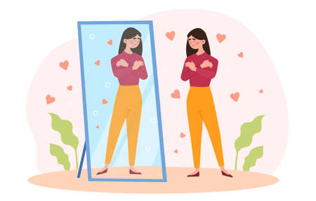 Happy woman stand before mirror and hug herselfのイラスト素材
