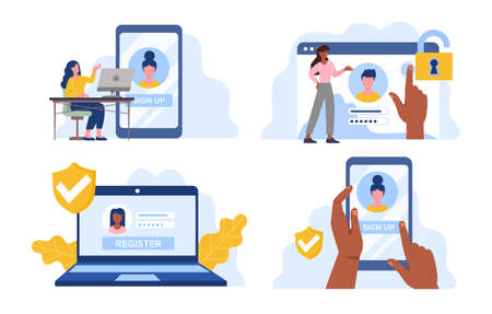 Set of people fill in form of registration page,のイラスト素材