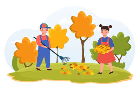 Kids doing housework chores, raking falling leavesのイラスト素材