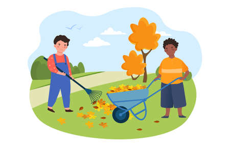 Kids doing housework chores, raking falling leavesのイラスト素材