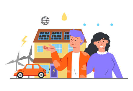 Electric car parking charging at home stationのイラスト素材