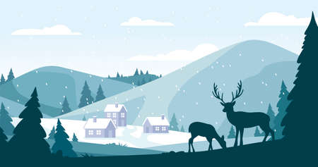 Christmas winter atmospheric landscape with snow drifts, mountain village, forest and reindeersのイラスト素材