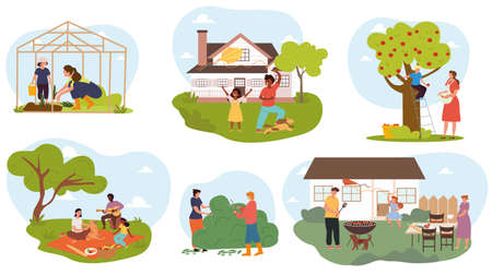 Set of male and female characters spending time at summer cottage togetherのイラスト素材