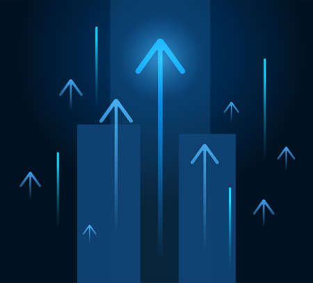 Poster with light glowing arrows up on grid dark backgroundのイラスト素材