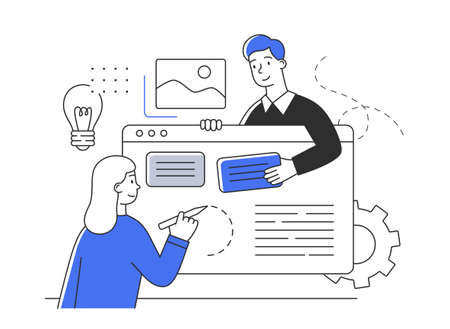 Young male and female characters are editing document in office togetherのイラスト素材