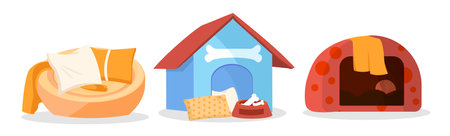 Set different colorful beds for pets on white backgroundのイラスト素材
