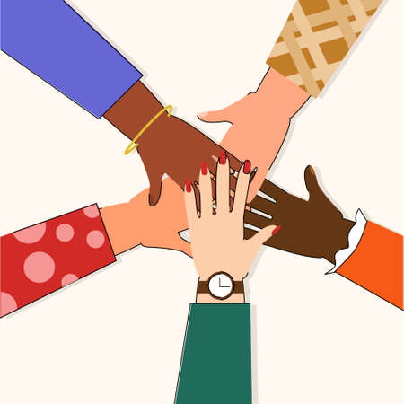 Hands of diverse group of people putting together on white background. Concept of community, support, partnership, teamwork, social movement, friendship and unity. Flat cartoon vector illustrationのイラスト素材