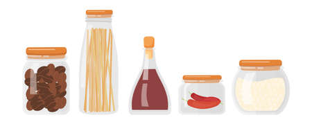 Set of kitchen food storage containers with pasta, flour, coffee beans, peas and hot peppers on white backgroundのイラスト素材