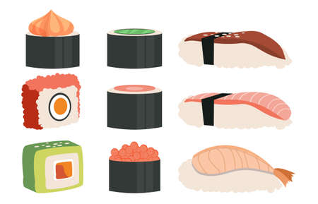 Set of sushi, rolls, gunkan collection on white background. Tasty asian food. Japanese sashimi with different ingredients. Seaweed and fish meals. Flat cartoon vector illustrationのイラスト素材