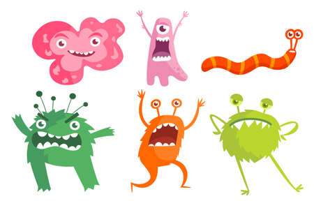 Set of bacteria, microbes, cute germs and viruses with funny faces on white backgroundのイラスト素材