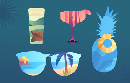 Set of fun summertime icons on blue background. Creative template of landscape, panorama of sea and beach on pineapple, ice cream and smoothie shake glass. Flat cartoon vector illustrationのイラスト素材