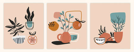 Set of pastel wall art paintings on beige backgroundのイラスト素材