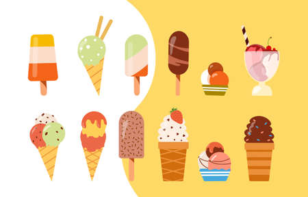 Set of tasty colorful ice creams on white and yellow background. Sweet summer delicacy gelatos with different tastes, collection ice-cream cones, and ice pop. Flat cartoon vector illustrationのイラスト素材