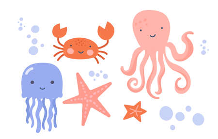 Set of smiling sea creatures on white backgroundのイラスト素材