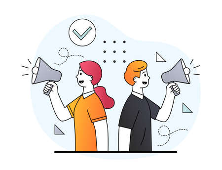 Young male and female business characters are shouting in megaphone for getting attention. Concept of announcement, speaker, advertising. People speaking loudly. Flat cartoon vector illustrationのイラスト素材