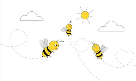Set of bees flying up high on white background near sun and cloudsのイラスト素材