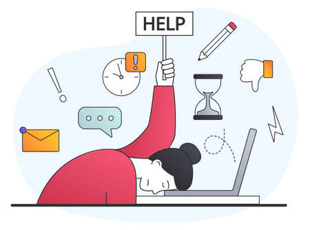 Stressed female office worker lost focus about solutions and future plans for success and development. Concept of business decisions mess and information data chaos. Flat cartoon vector illustrationのイラスト素材