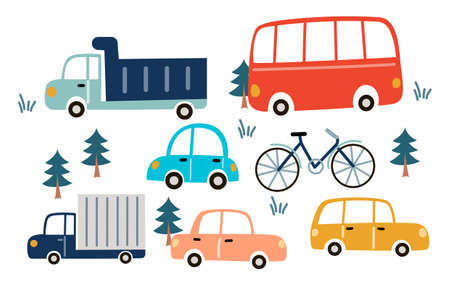 Cute set of hand drawn carsのイラスト素材