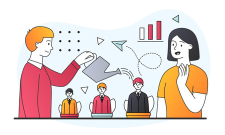 Male HR manager is watering soft pots with growing managers in themのイラスト素材