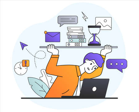 Stressed young male character is working remotely from homeのイラスト素材
