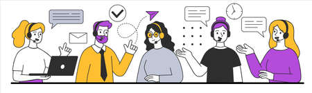 Male and female characters are working in call center togetherのイラスト素材