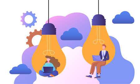 Male and female characters are sitting in light bulb with laptopのイラスト素材
