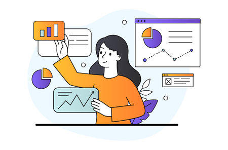Young female character is managing SMM strategy processes. Concept of female multitasking skill. Freelance worker busy with email marketing analysis. Flat line art linear cartoon vector illustrationのイラスト素材