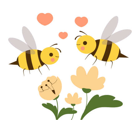 Poster with daisy flowers and cute bees flying nearby on white backgroundのイラスト素材