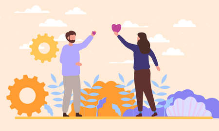 Male and female characters standing together with hearts in handsのイラスト素材