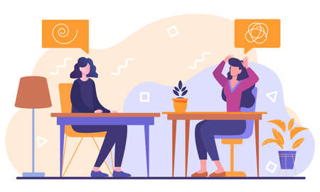 Female psychotherapist on the individual session with her patient and sees positive results. Happy woman is talking to her psychotherapist. Flat cartoon vector illustrationのイラスト素材