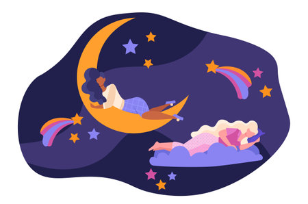 Cute female character with long hair is sleeping on the moonのイラスト素材