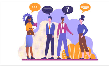 Group of young people talking and thinking together on the street. People are standing with speech bubbles on white background. Flat cartoon vector illustrationのイラスト素材