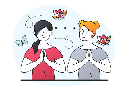 Two female characters on spiritual therapy for body and mind with harmony yoga practice. Concept of holistic healing self treatment with peaceful meditation. Flat cartoon vector illustrationのイラスト素材