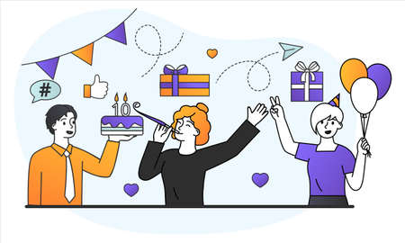 Young male and female characters are celebraing friends birthday togetherのイラスト素材