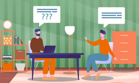 Male character is interviewing a famous person in studio fro a tv showのイラスト素材